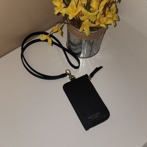 Kate Spade Lanyard Card Holder with Strap ID Display Zipper Pocket Black & Gold